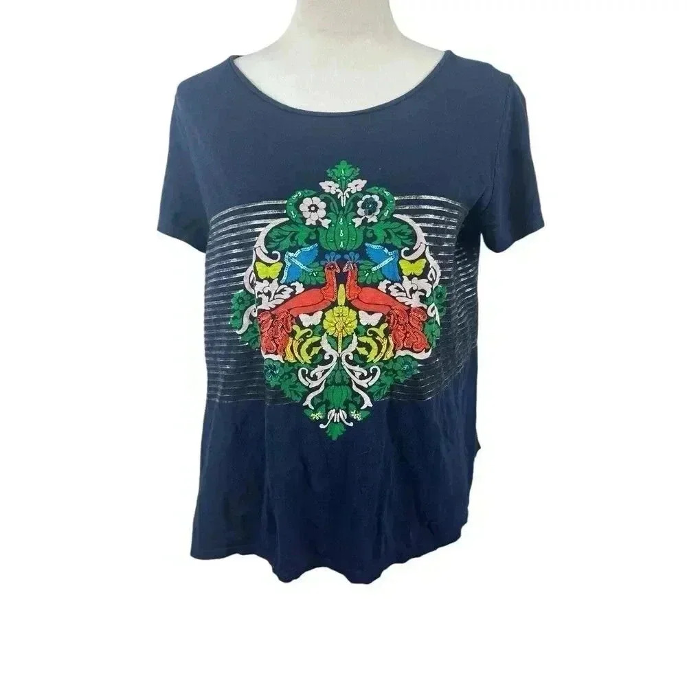 Crown & Ivy Navy Blue Peacock Top With Sequins Size XL - Picture 2 of 7